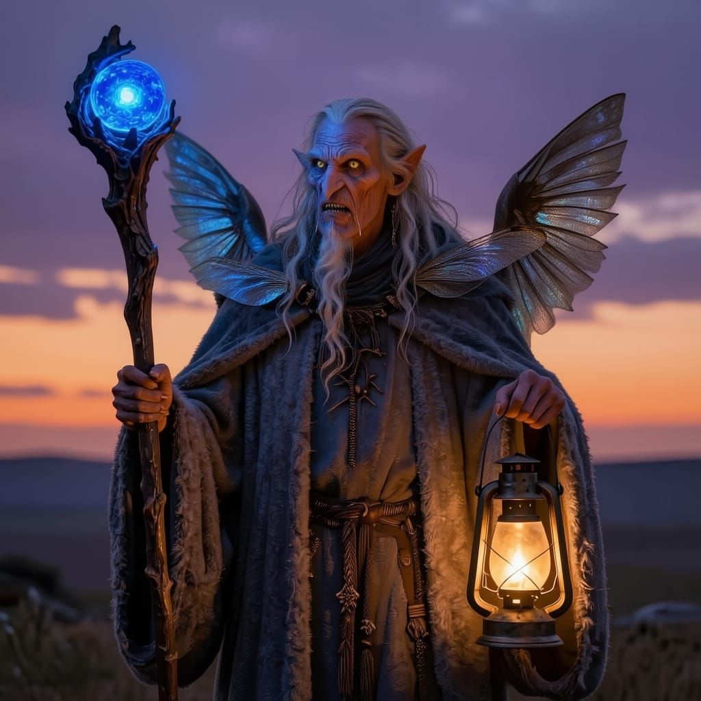 Elderly Wizard with Dragonfly Wings and Glowing Staff at Dus...