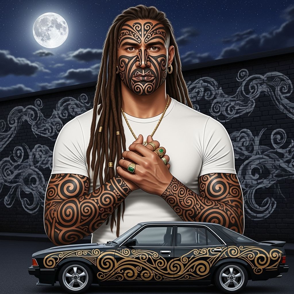 Maori Man Portrait with Ta Moko and Ford Zephyr