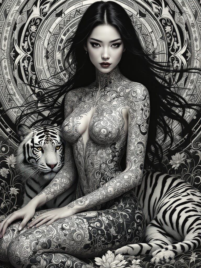 Woman and Tiger in Ornamental Biomechanical Art