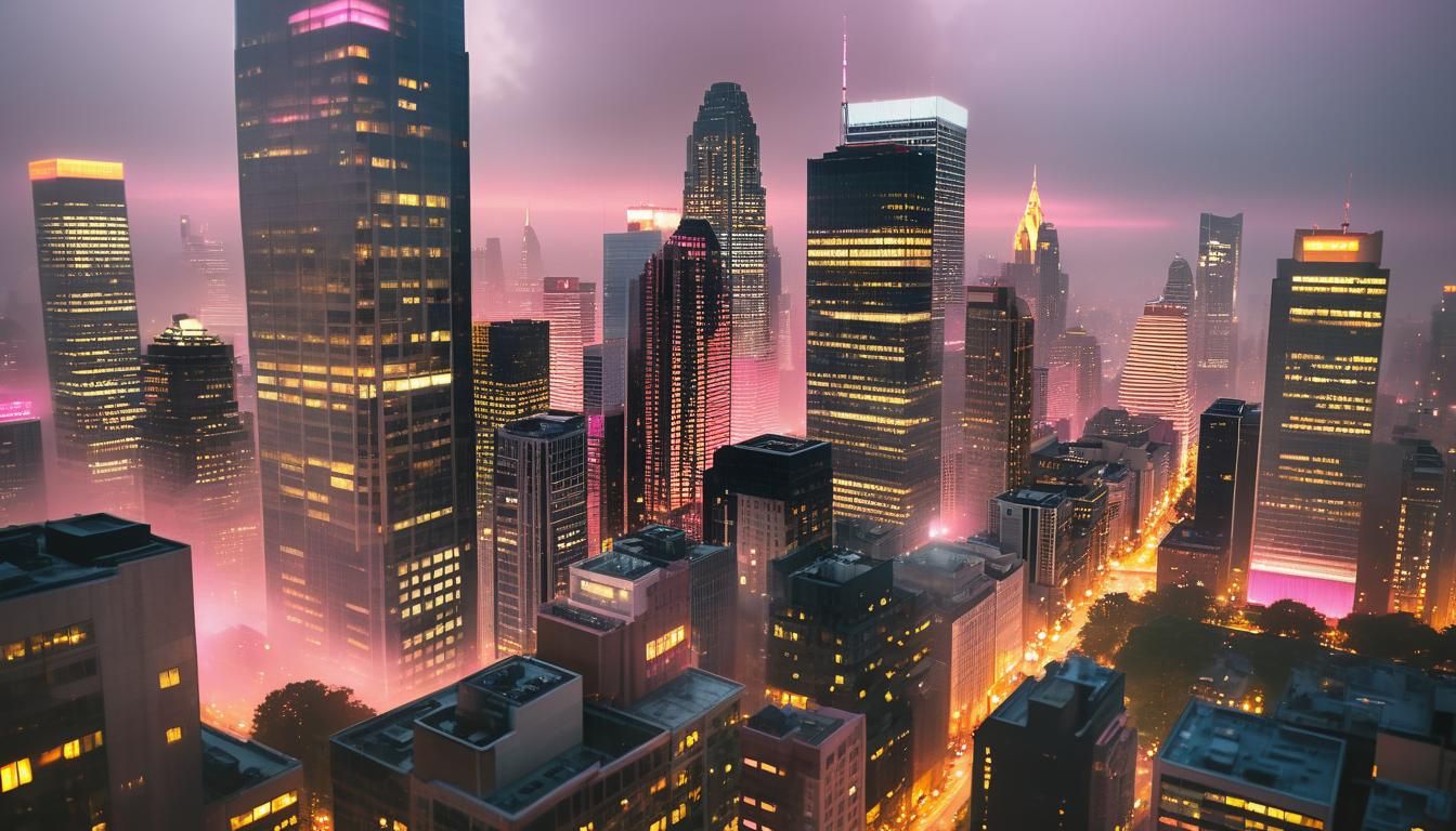 Pink-Lit Cityscape at Dusk in Cinematic Style
