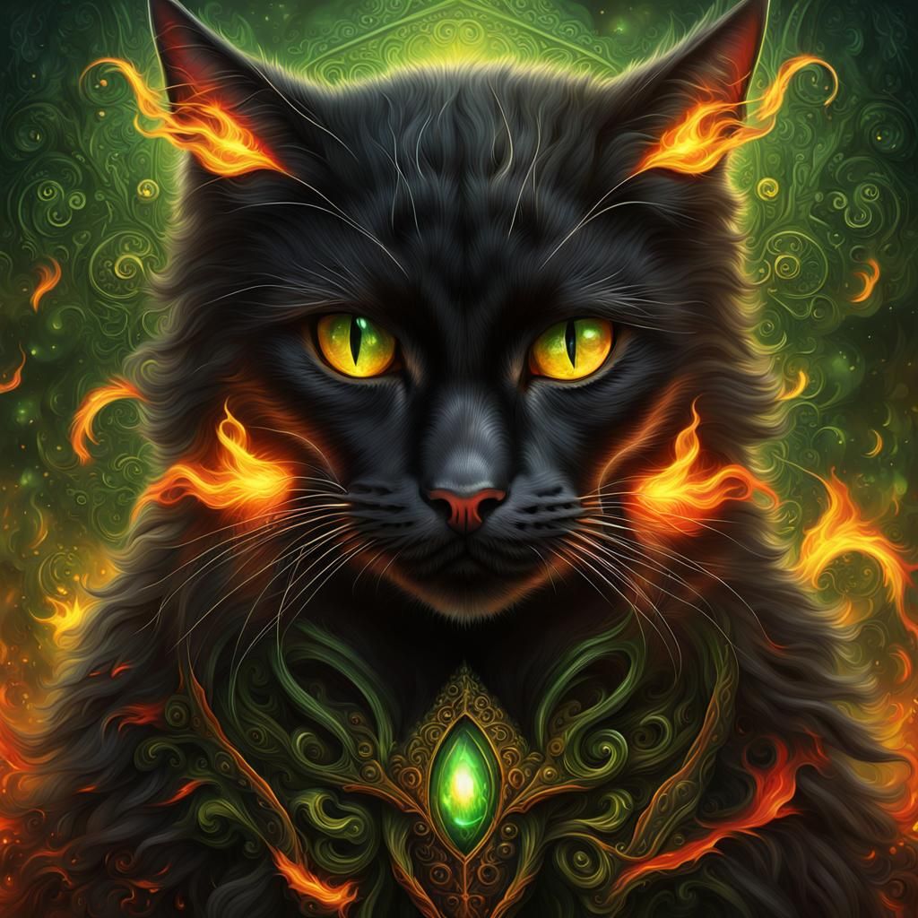 Majestic Black Cat Engulfed in Fiery Aura