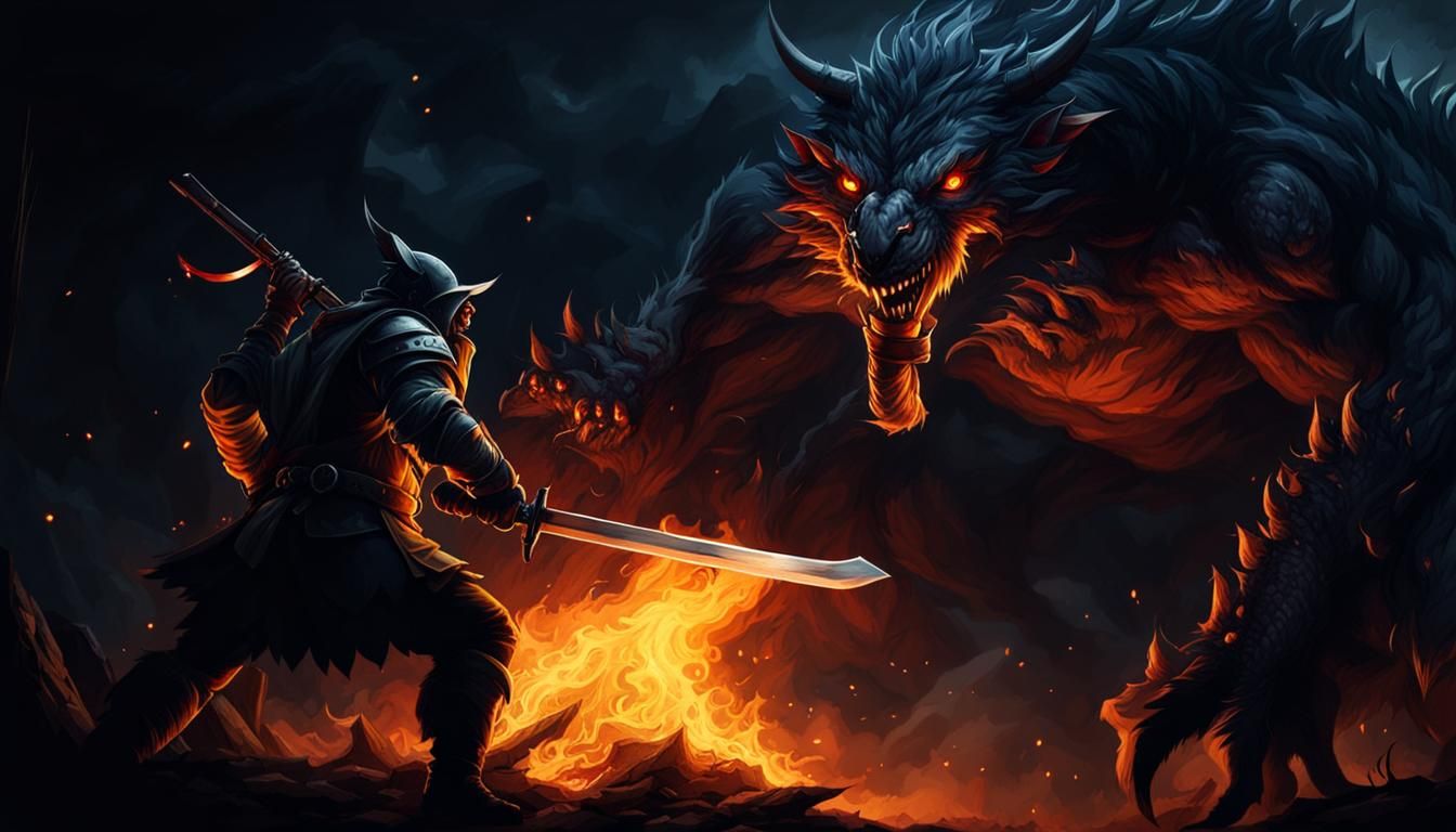 Hunter Battles Grotesque Monster in Dark, Fiery Night