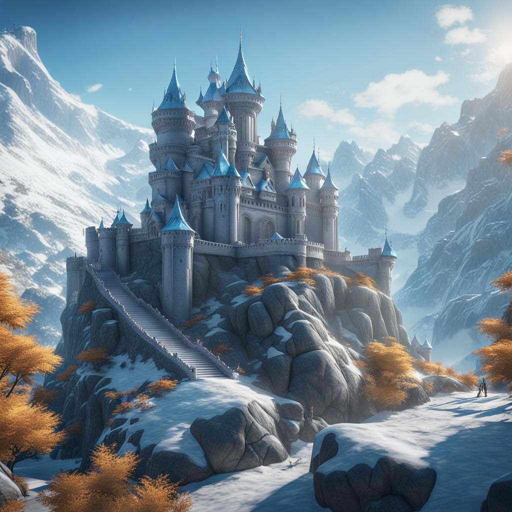 Crystal Castle on Ice Mountain with Dragons