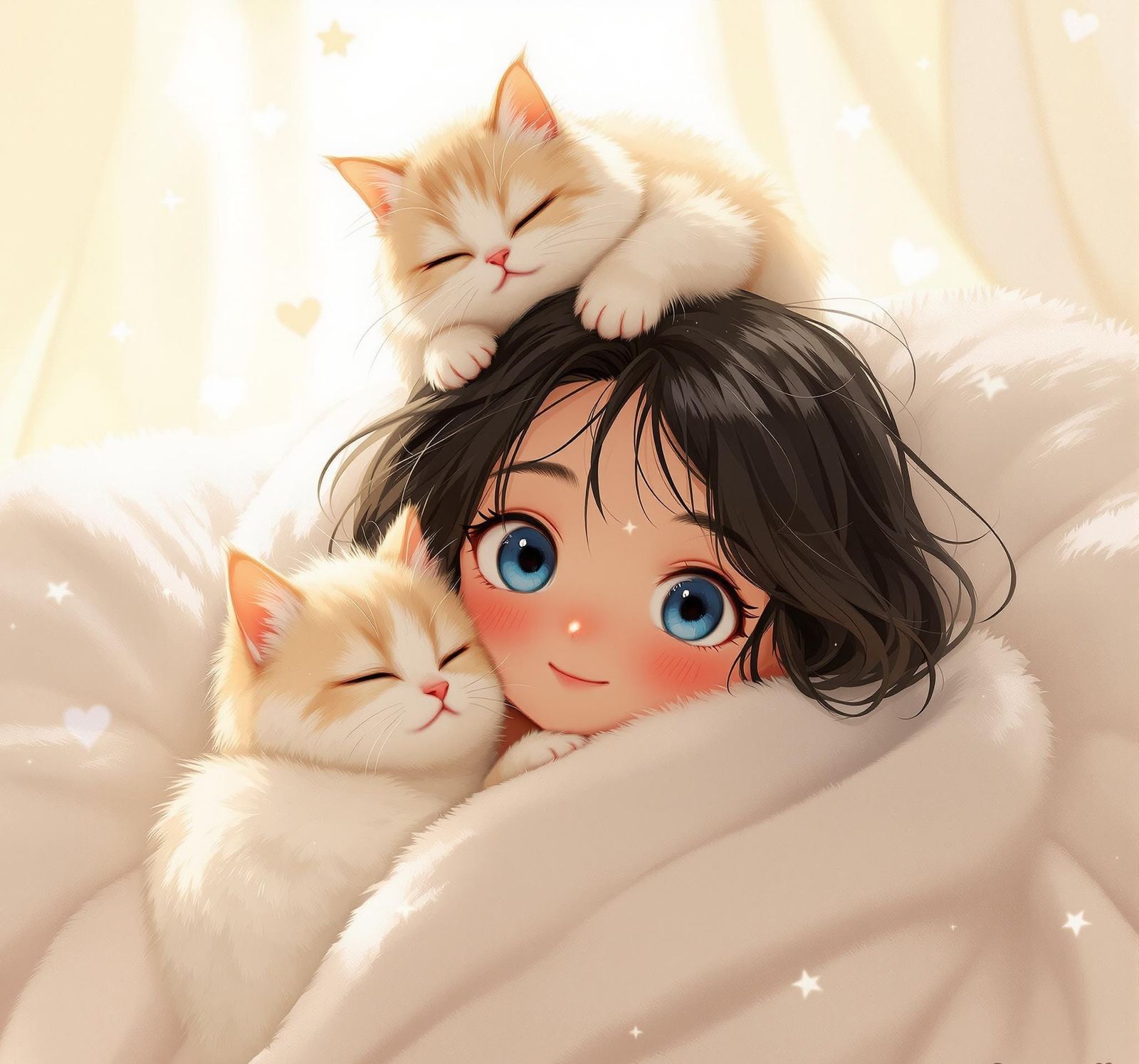 Young Girl Embracing Fluffy Cat in Dreamy Anime-Inspired Sce...