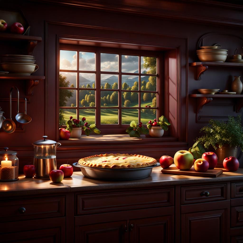 Portrait of a cozy kitchen window with a big and delicious apple pie