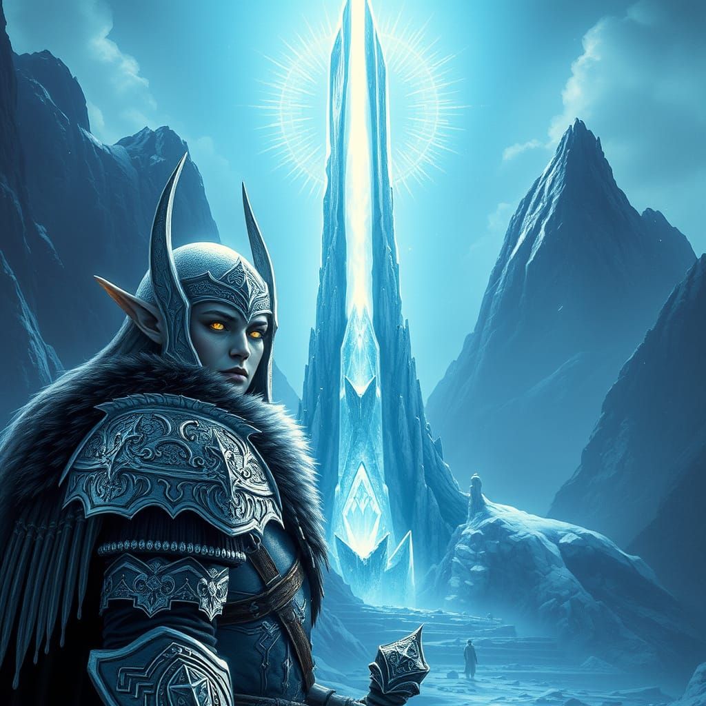 Snow Elf Warrior Guards Crystal Spire in Ethereal Aesthetic