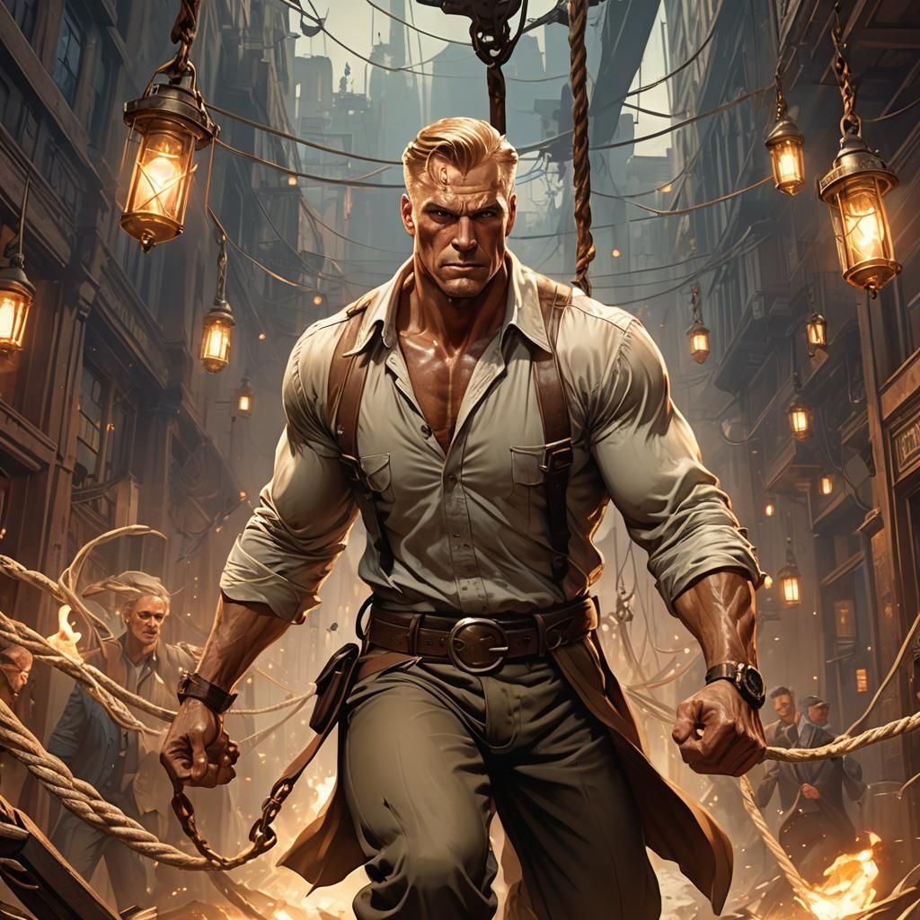 Pulp Hero Rescue: Dynamic Street Scene Portrait