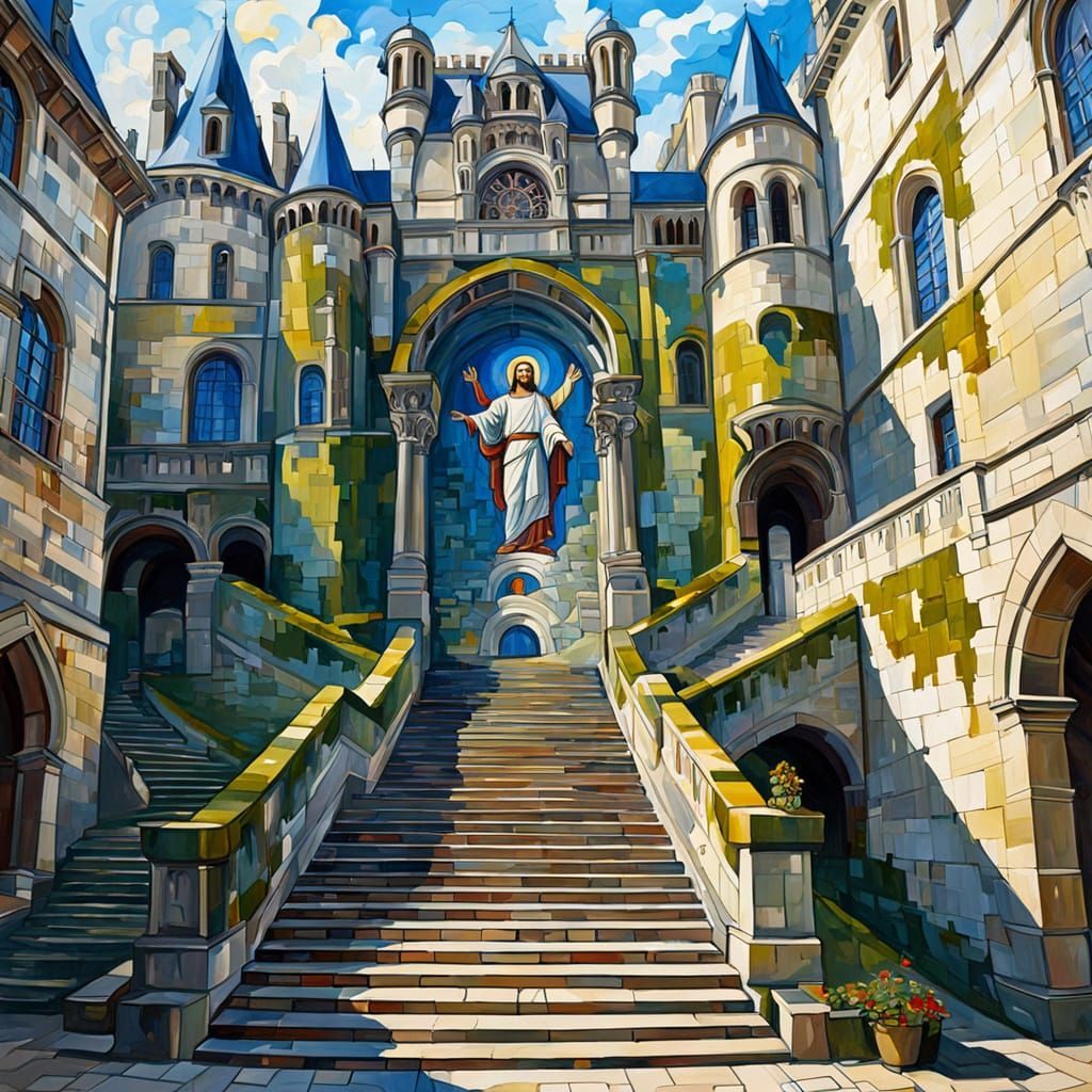 Jesus as a Simpson Character in Oil Painting of Blois Castle