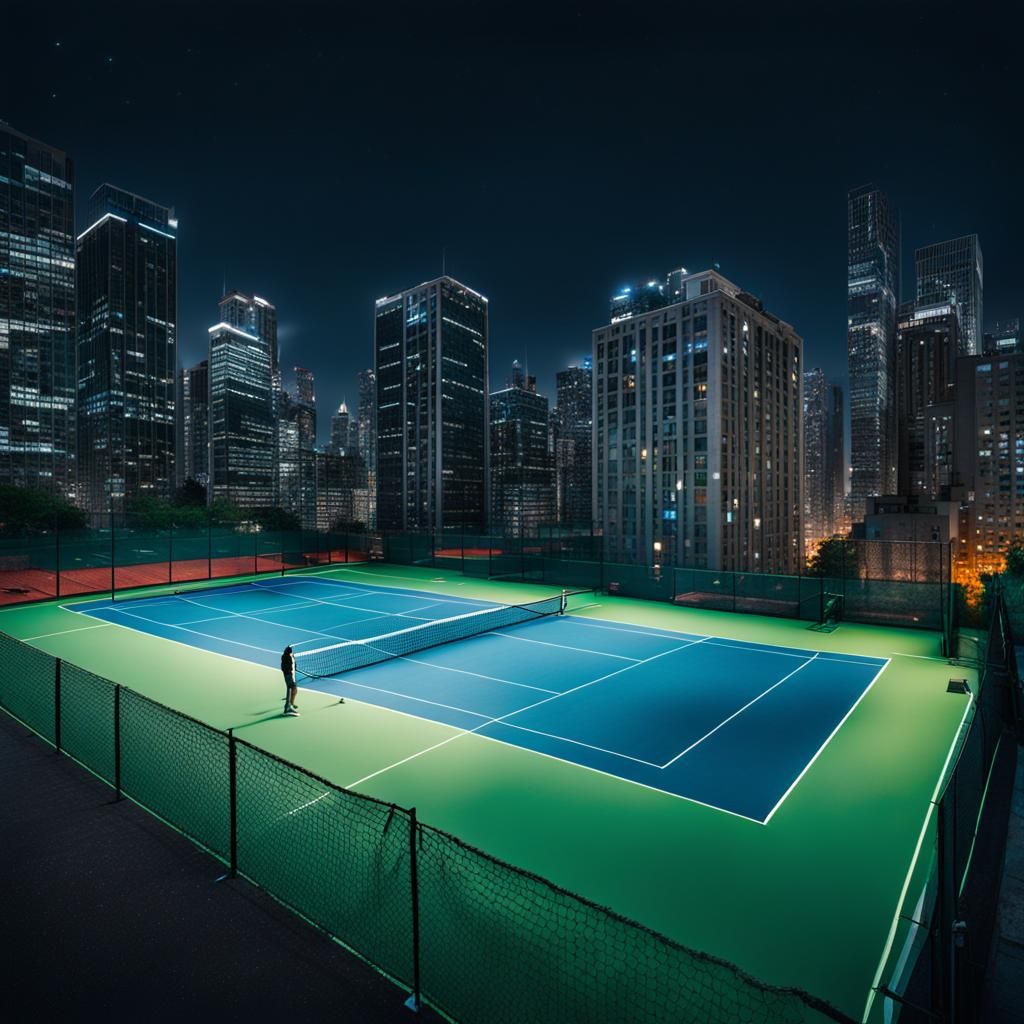 Neon Tennis Court in Futuristic Cityscape