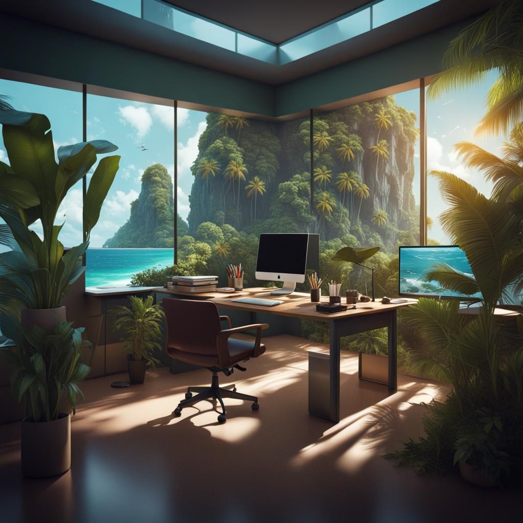 Tropical Island Meets Office in Double Exposure Art