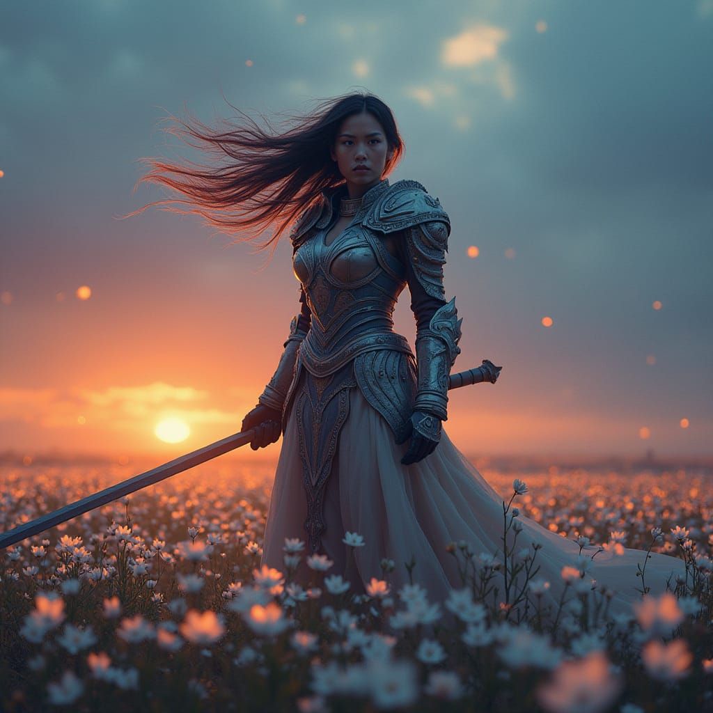 Mystical Battlefield at Dusk with Luminous Blossoms
