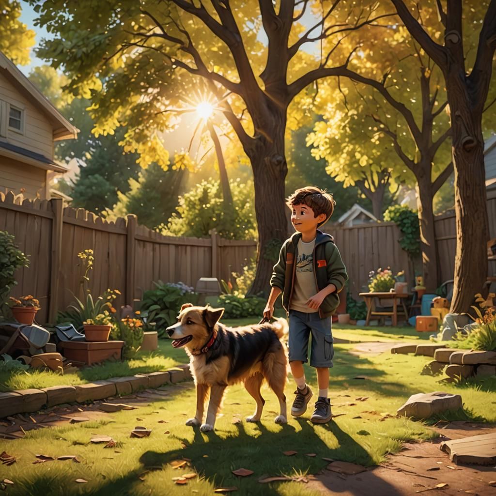 Boy and Dog in Sunlit Backyard: Pixar-Style Art