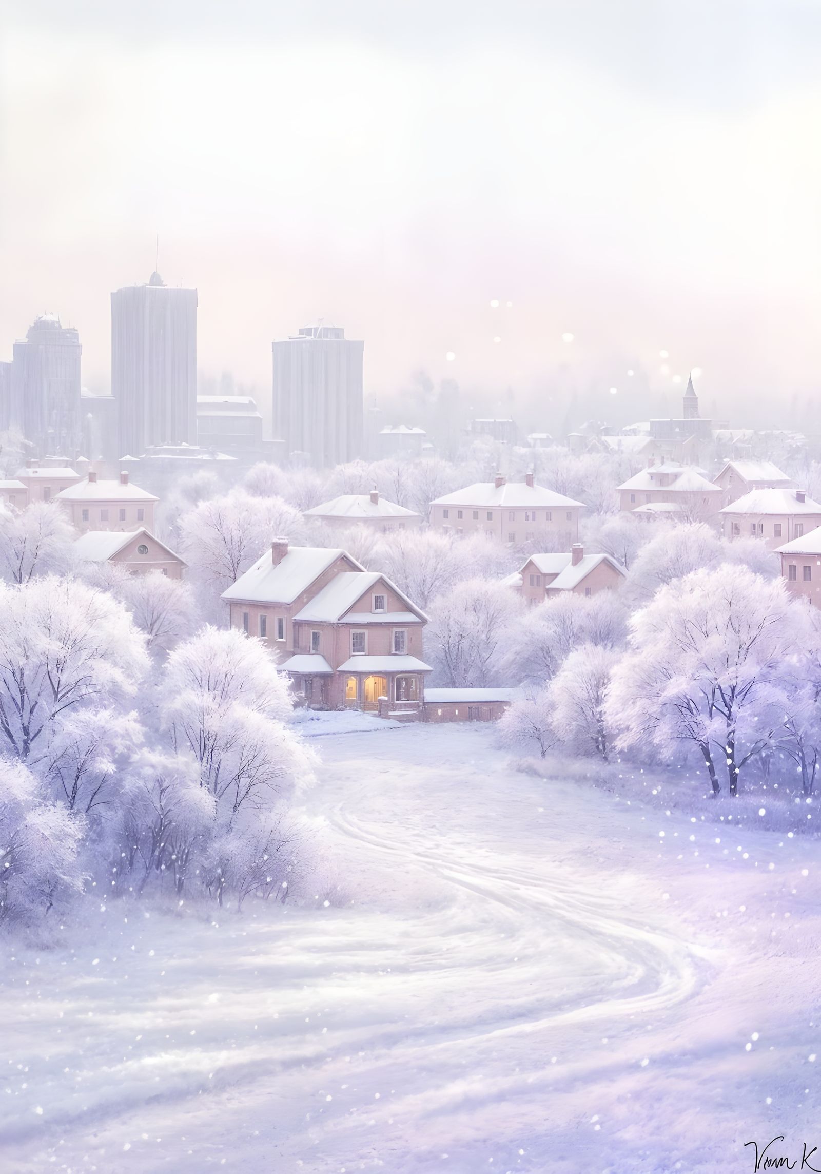 Ethereal Snowy Cityscape in Watercolor Mist