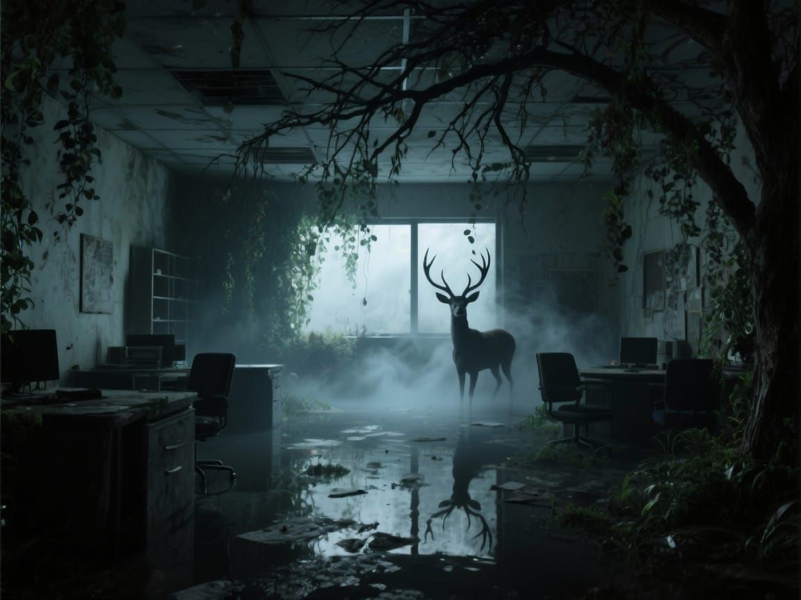 Creepy Abandoned Office with Fog and Deer