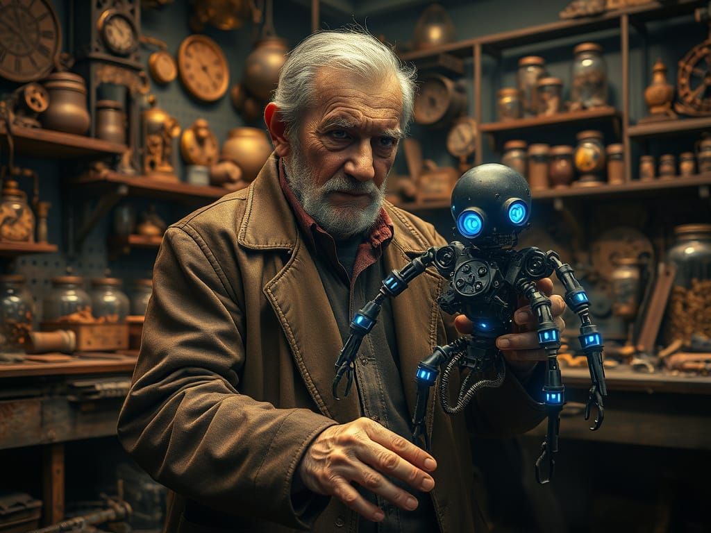Weathered Inventor Crafts Futuristic Automaton in Gritty Wor...