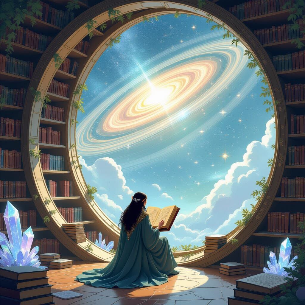 Celestial Library in Saturn's Rings, Fairy Tale Art