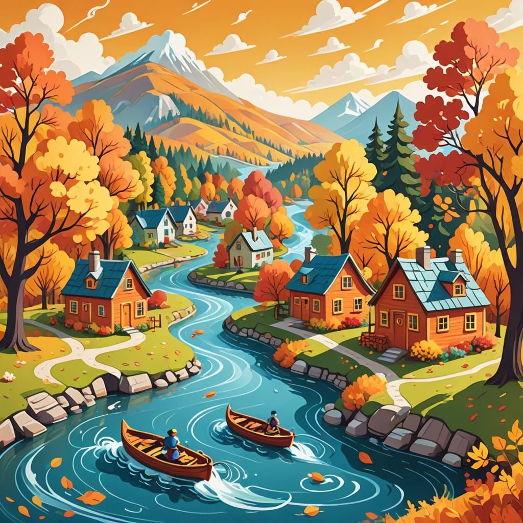 Whimsical Autumn River Landscape in Colorful Cartoon Style