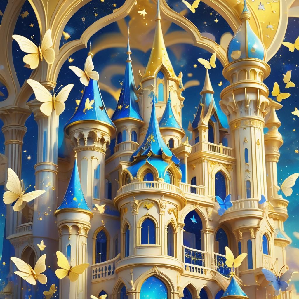 Majestic Pastel Palace with Neon Stars in Art Nouveau Style