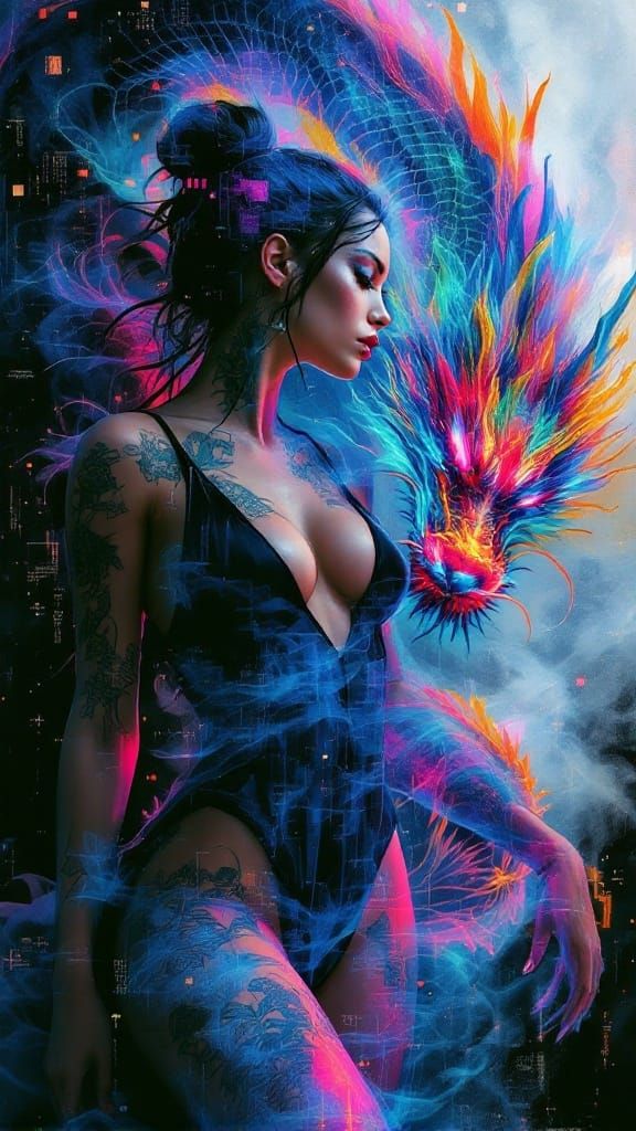 Classical Warrior Goddess Meets Digital Decay in Cyberpunk S...