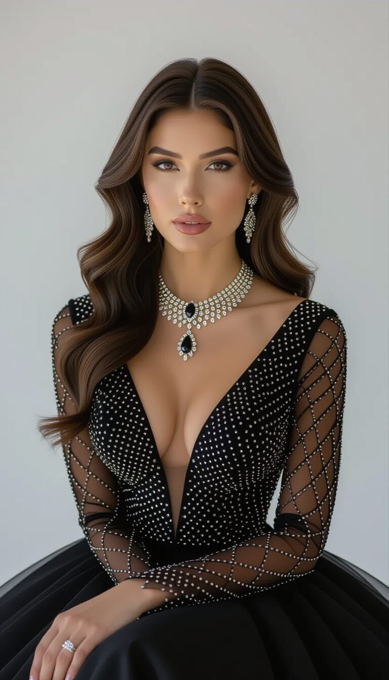 Elegant Woman in Black Gown with Diamond Necklace
