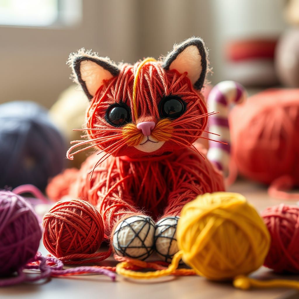 Cute String Cat Playing with Yarn Balls in Natural Light