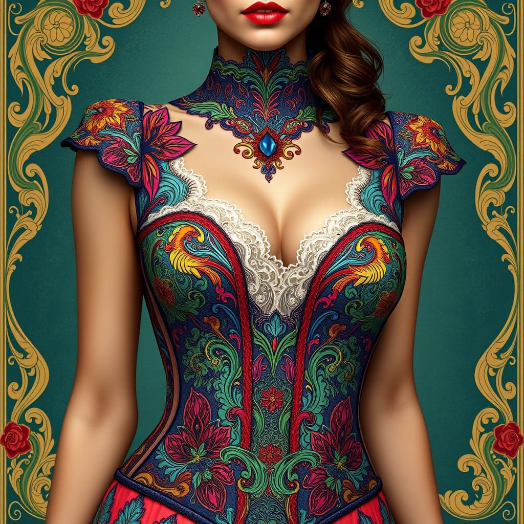 Ornate Corset with Bold Colors, in Art Nouveau Style