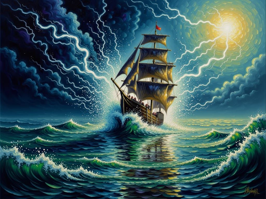 Ghost Ship Adrift in Stormy Seas as Impasto Painting