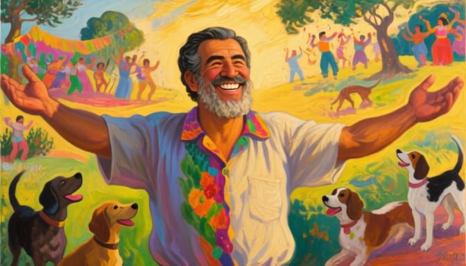 Jovial Man Embracing Life's Dualities in Vibrant Portrait