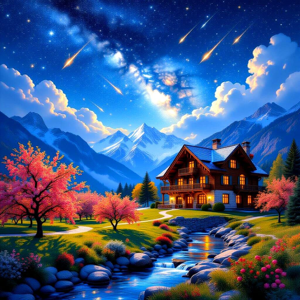 Hyperrealistic Night Sky with Shooting Stars and Mountain Ho...