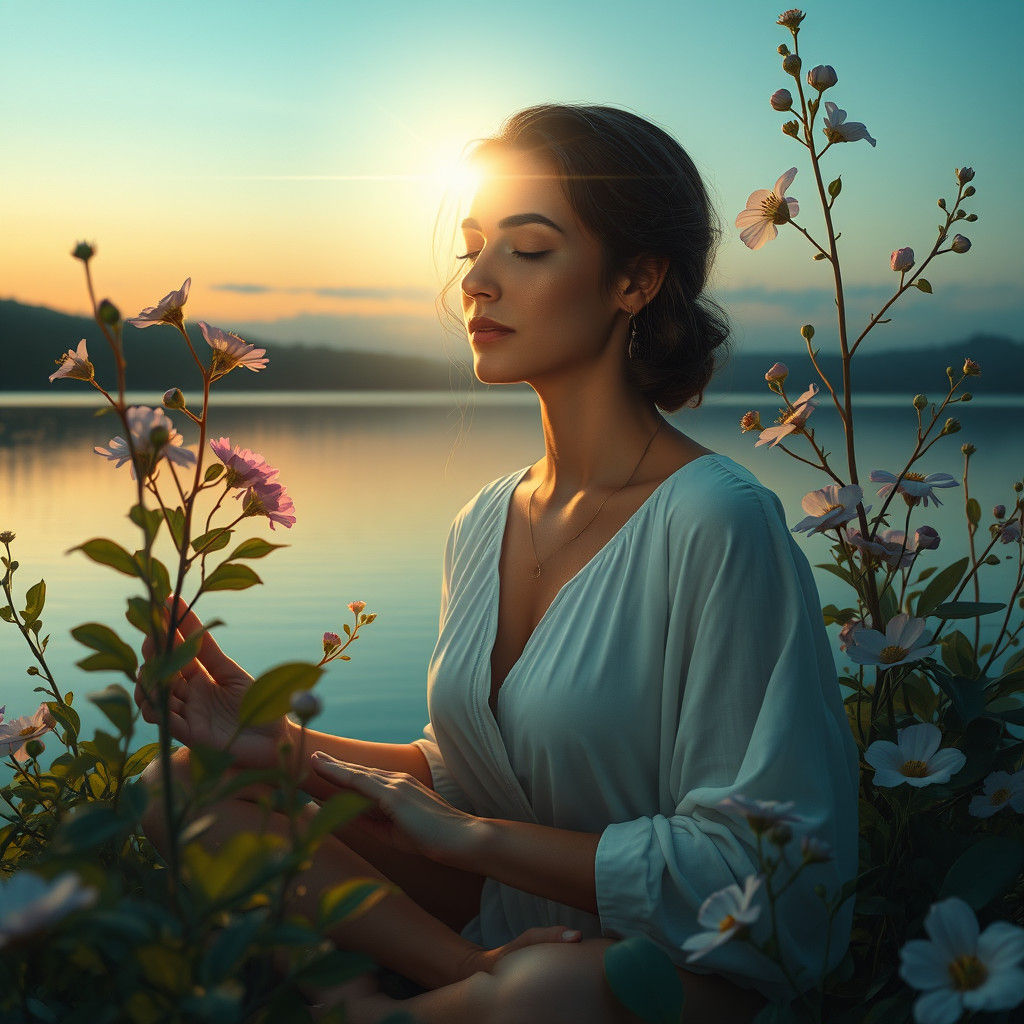 Meditative Woman in Serene Lakeside Setting