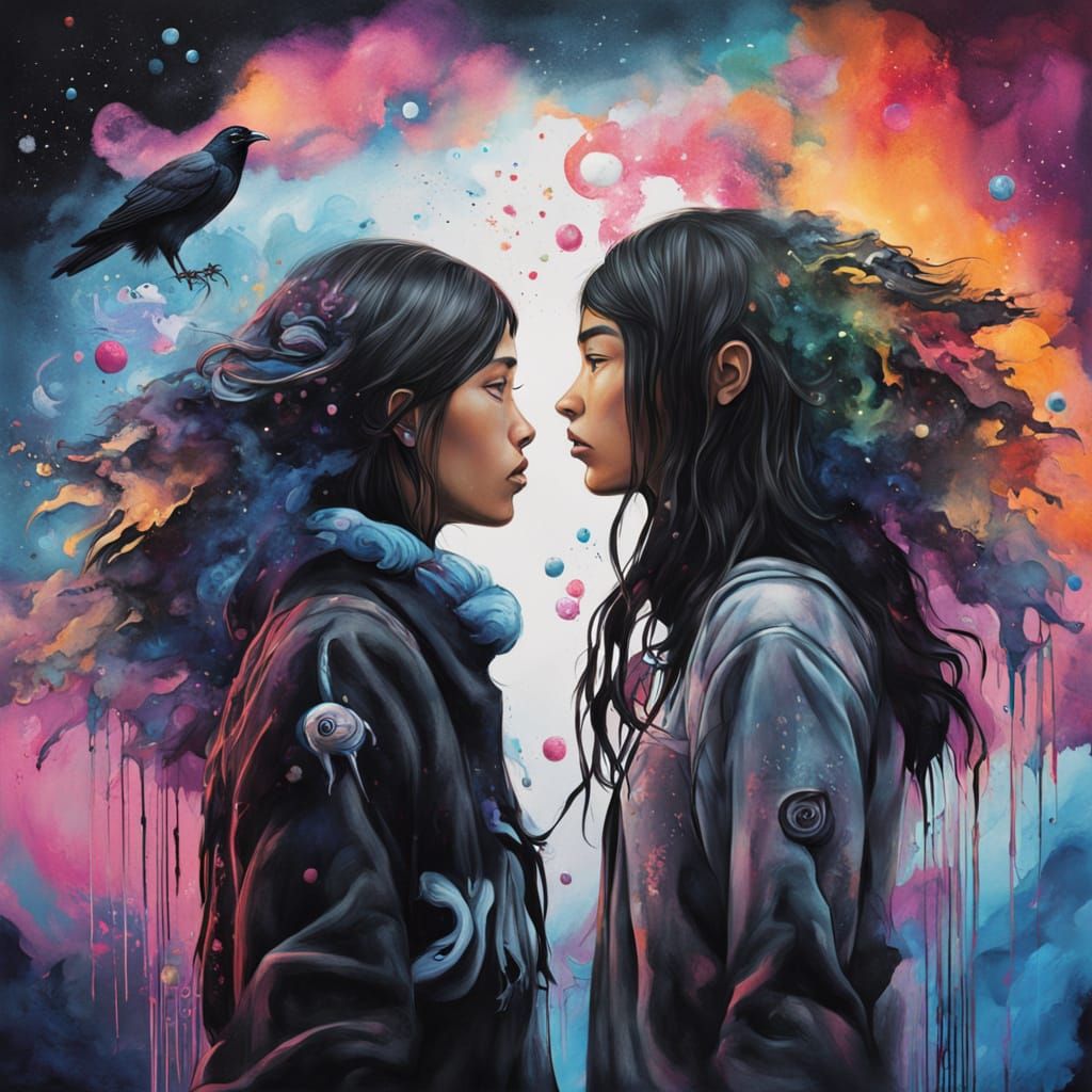 Graffiti Nebula Art: Two Females with Raven and Snake