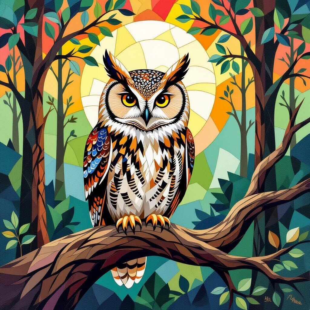 Majestic Owl Mosaic Collage on Ancient Branch