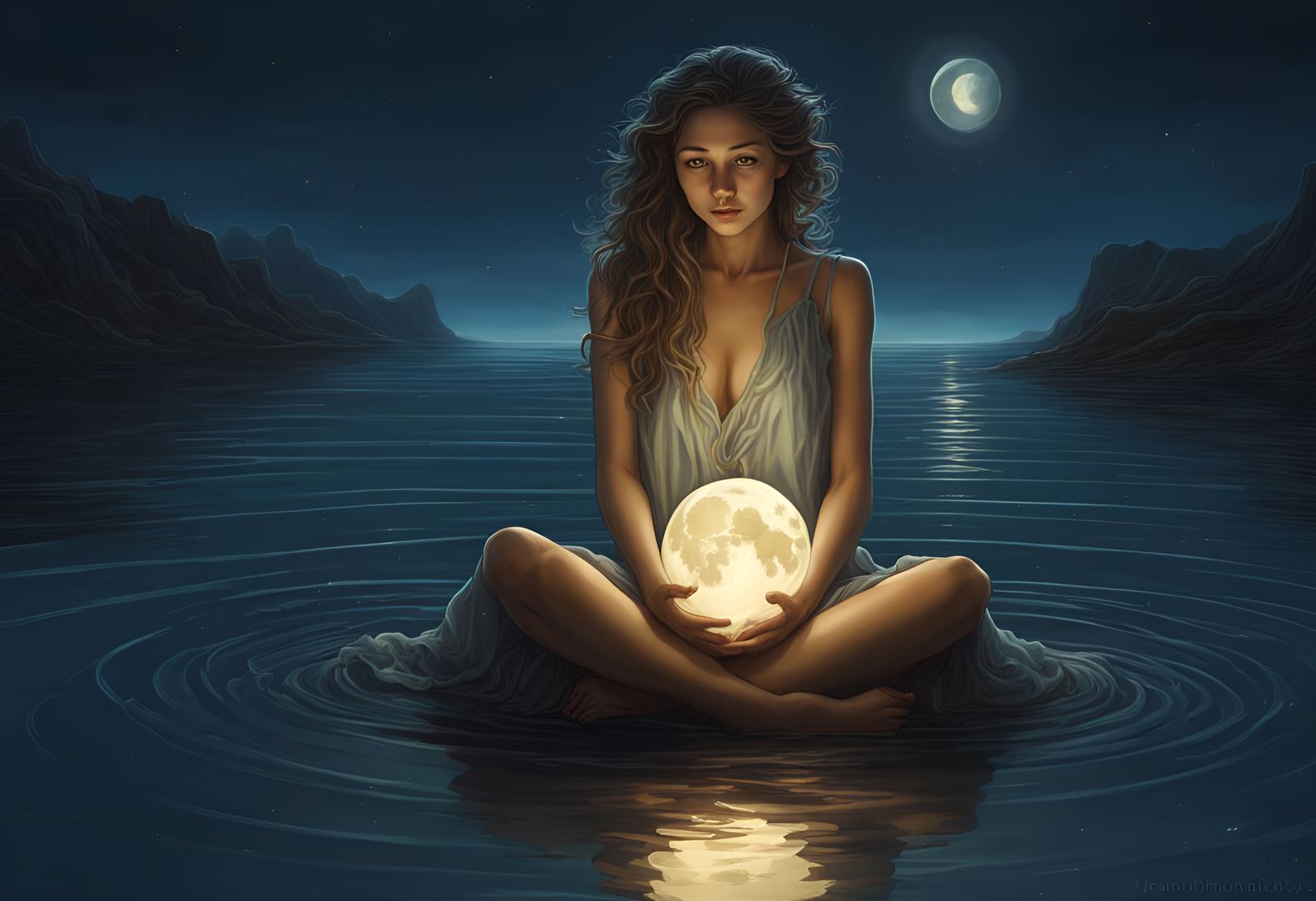 Luminescent Woman with Moon in Surreal Style