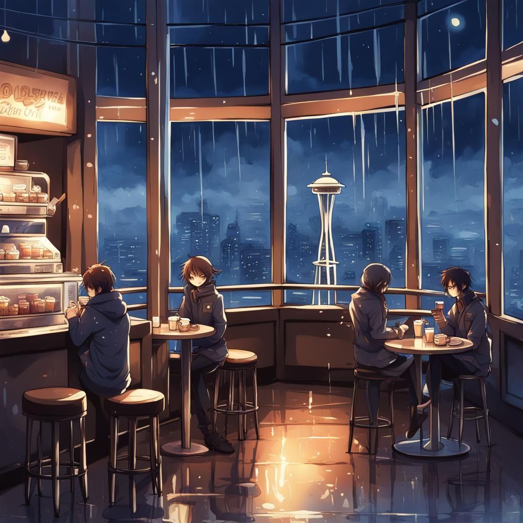 Rainy Night Coffee Shop at Space Needle in Anime Style