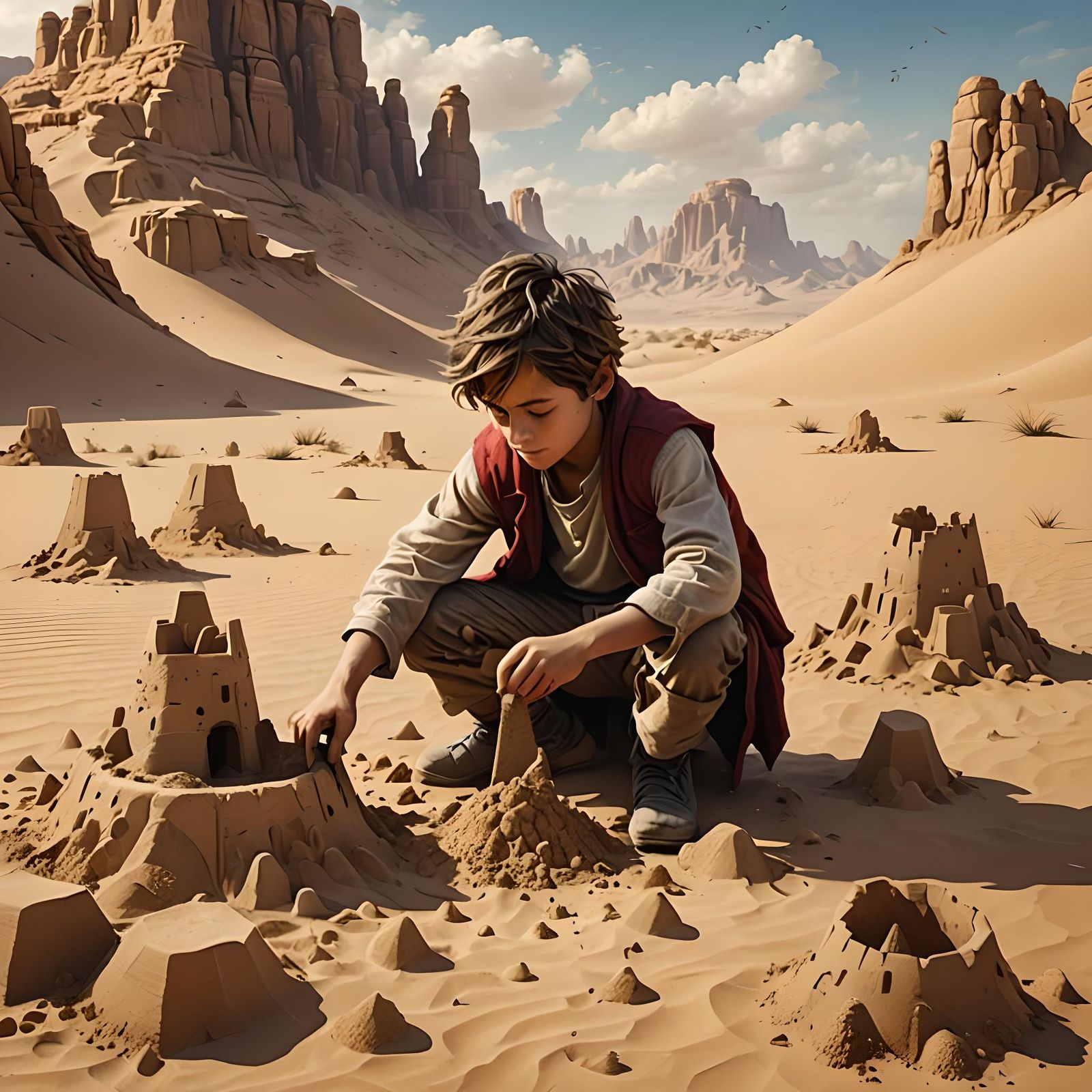 nomadic little boy building sandcastles