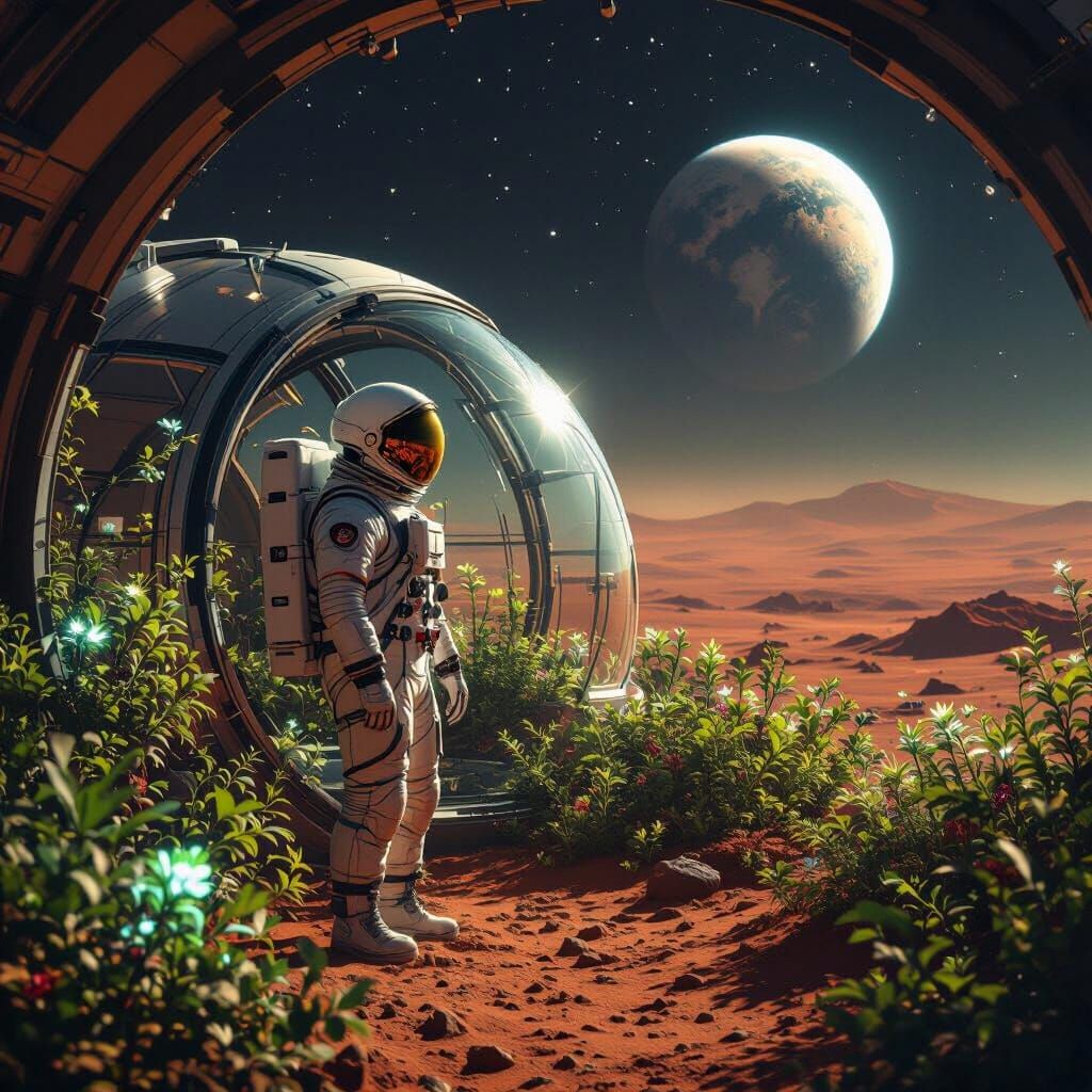 Bioluminescent Garden on Mars in Hyperreal Style