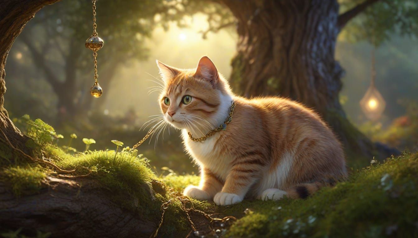 Enchanting Cat Scientist Under Mystical Oak in Kinkade Style