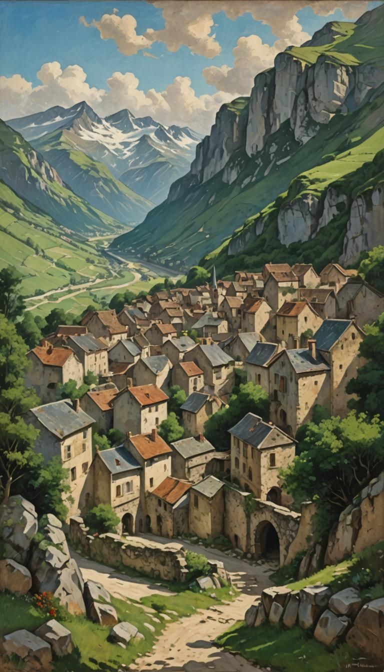 Briançon Village: A Rustic Courbet-Inspired Painting