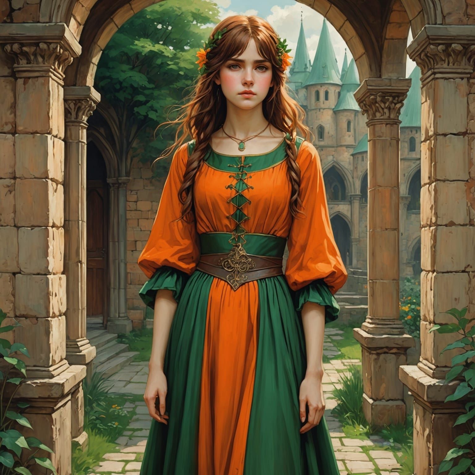 Anime Girl in Medieval Courtyard Portrait
