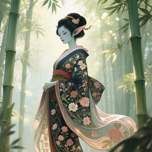 Art Nouveau Troll Geisha in Bamboo Forest