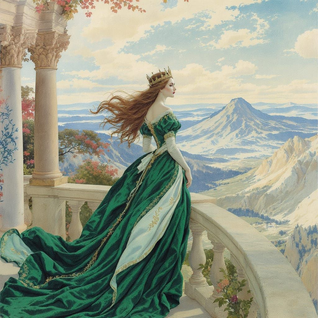 Emerald Queen Overlooking Her Kingdom: Pre-Raphaelite Style