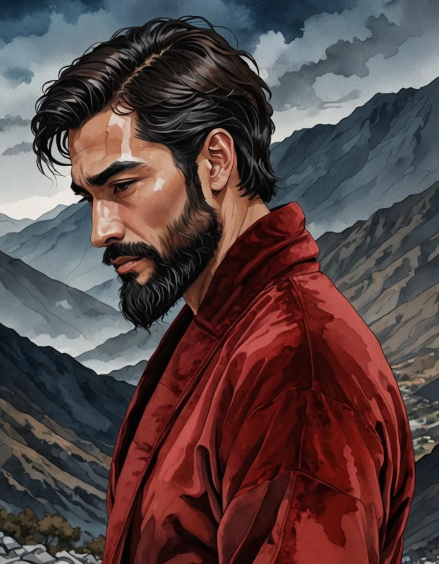 Masculine Beauty in Red Velvet: Alcohol Ink Digital Art