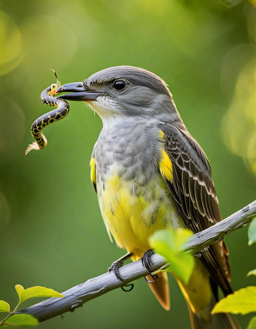 Western Kingbird Portrait with Snake, Wildlife Photography
