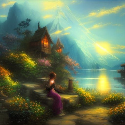 Starry Night Cottage: Ethereal Fantasy Art