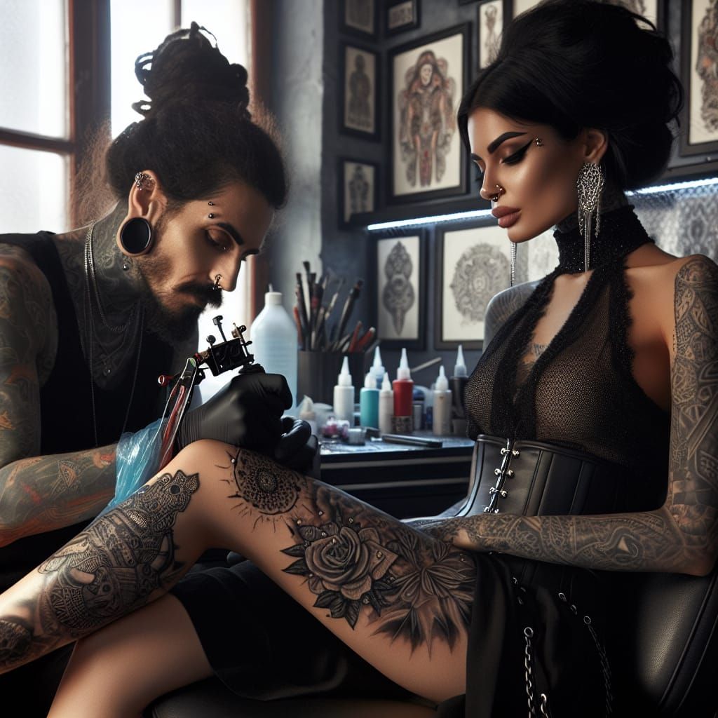 Gothic Tattoo Artist Creates Leg Tattoo
