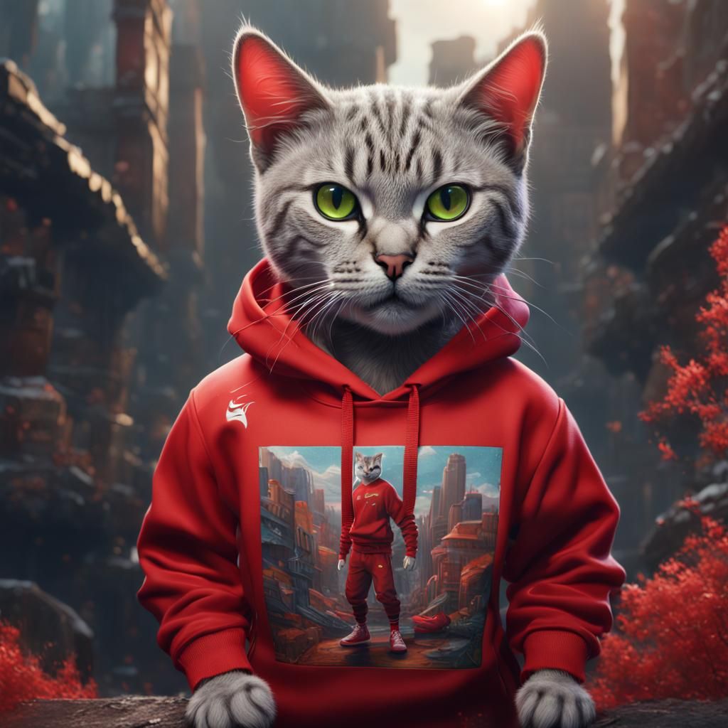 Cat in Red Nike Sweatshirt: Detailed Digital Painting