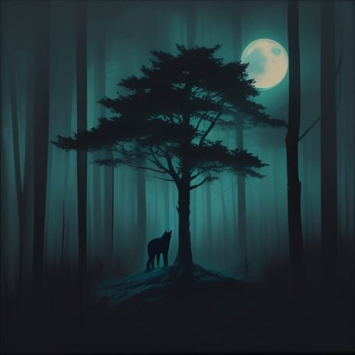 Lone Wolf Howls at Moon in Misty Forest Painting