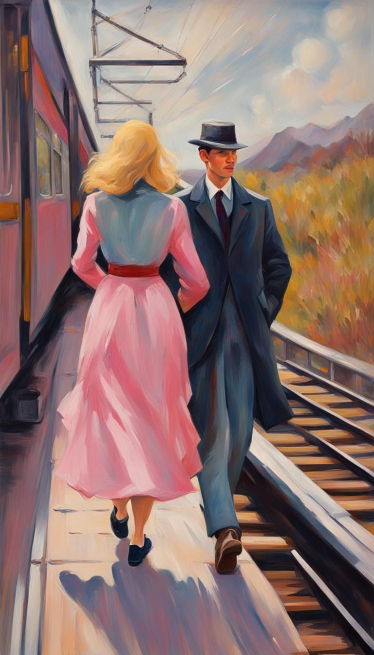 Romantic Couple Strolling on Train Platform as Impasto Paint...