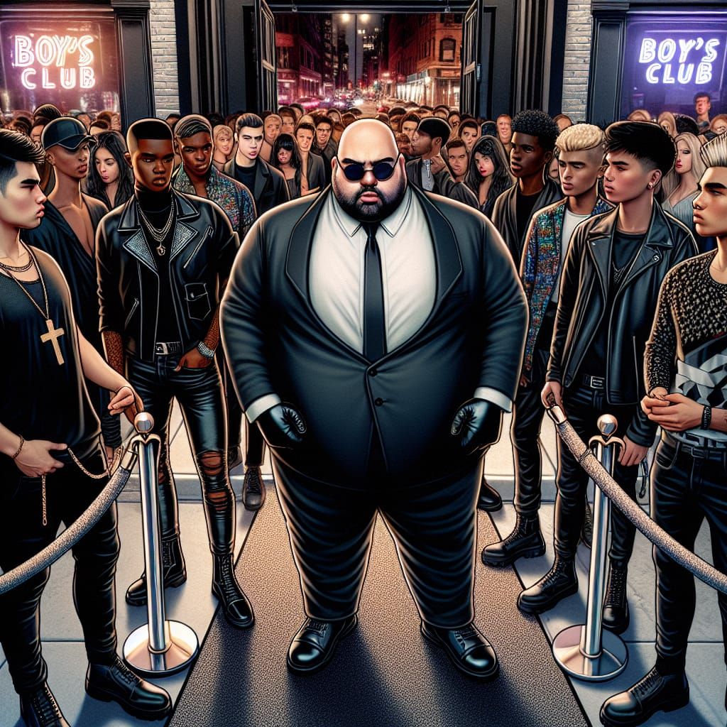 Cartoon style image of a really chubby out of shape man who is a bouncer at a high end new york city night club. He is w...