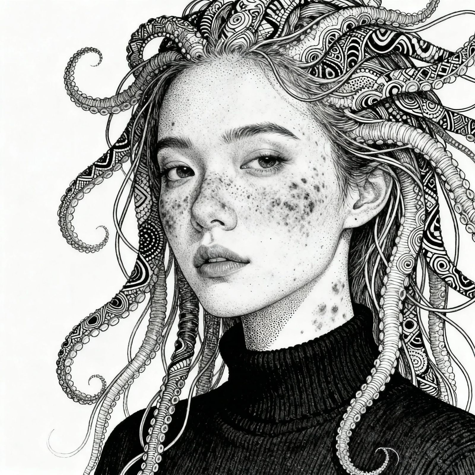 Pointillism Portrait of Woman with Tentacle Hair